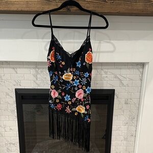 Cache silk Black top with Colorful Floral Embroidery y2k